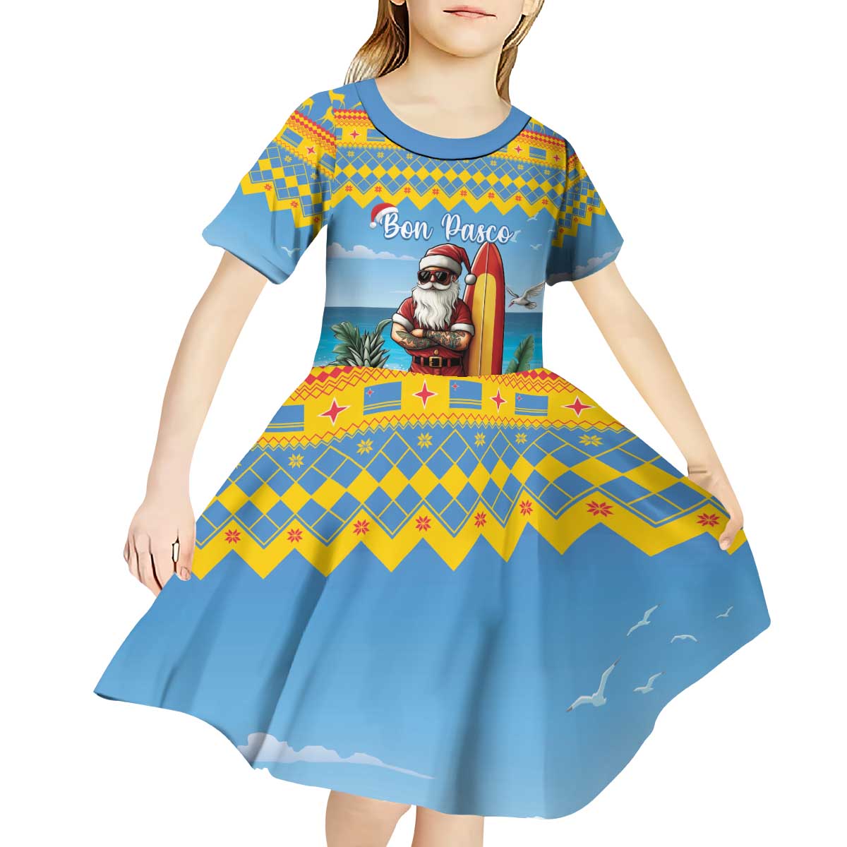 Aruba Christmas Kid Short Sleeve Dress Surfing Santa Bon Pasco - Wonder Print Shop