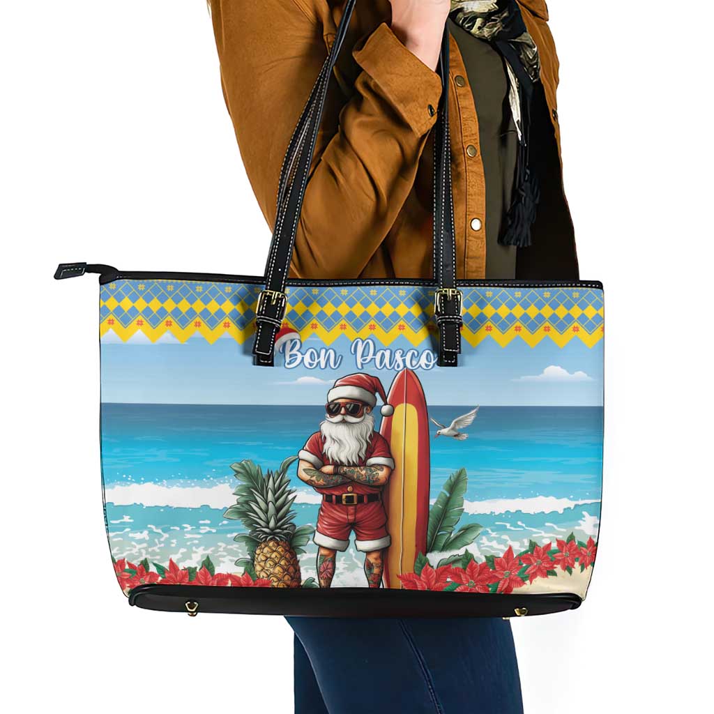 Aruba Christmas Leather Tote Bag Surfing Santa Bon Pasco - Wonder Print Shop