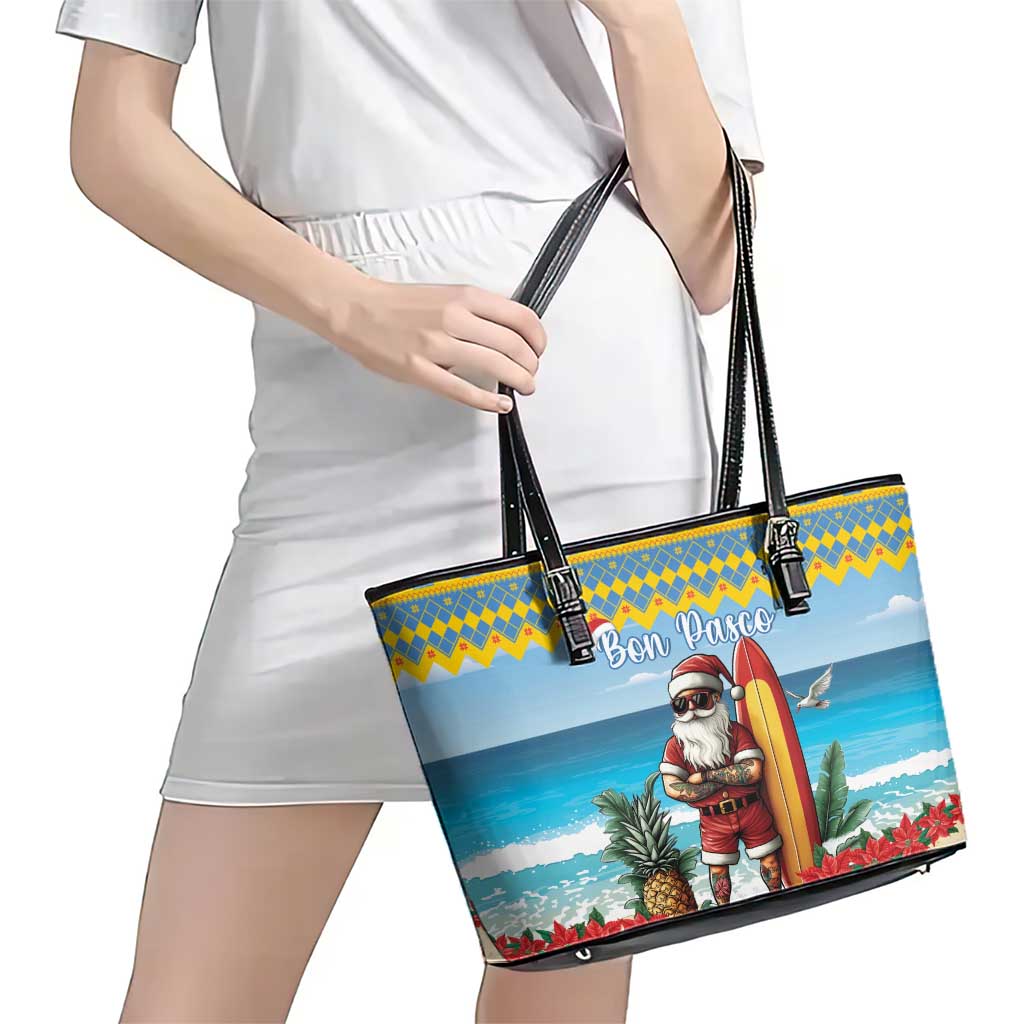 Aruba Christmas Leather Tote Bag Surfing Santa Bon Pasco - Wonder Print Shop