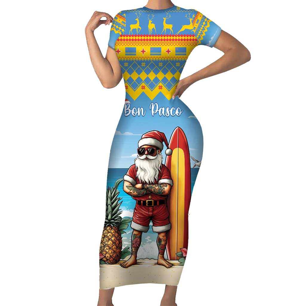 Aruba Christmas Short Sleeve Bodycon Dress Surfing Santa Bon Pasco - Wonder Print Shop