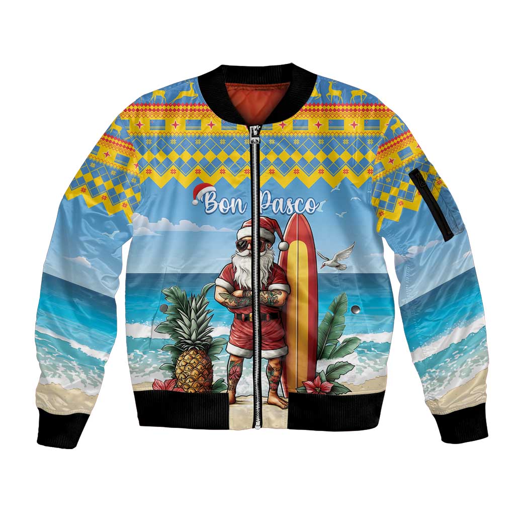 Aruba Christmas Sleeve Zip Bomber Jacket Surfing Santa Bon Pasco - Wonder Print Shop