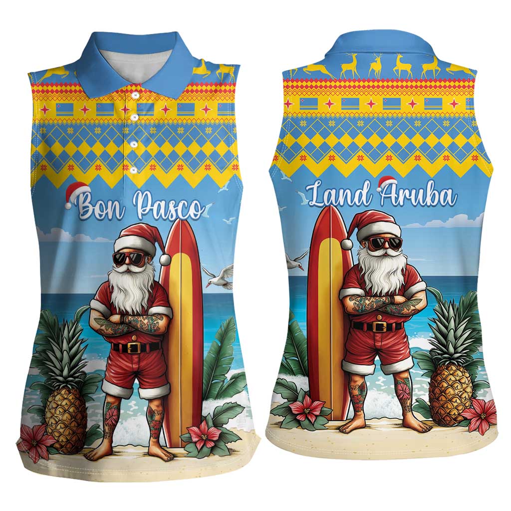 Aruba Christmas Women Sleeveless Polo Shirt Surfing Santa Bon Pasco - Wonder Print Shop