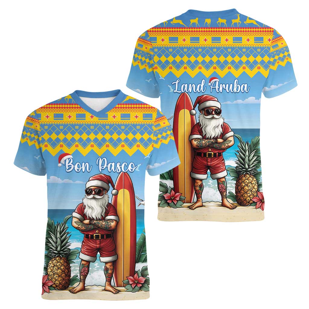 Aruba Christmas Women V-Neck T-Shirt Surfing Santa Bon Pasco - Wonder Print Shop