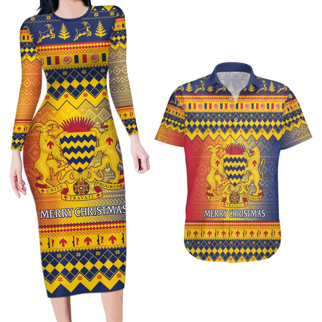 Chad Christmas Couples Matching Long Sleeve Bodycon Dress and Hawaiian Shirt Coat Of Arms Merry Christmas - Wonder Print Shop