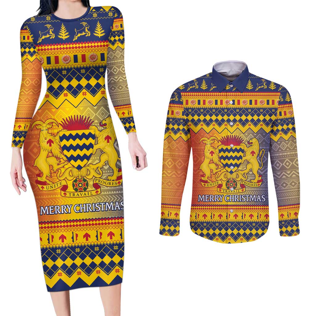 Chad Christmas Couples Matching Long Sleeve Bodycon Dress and Long Sleeve Button Shirt Coat Of Arms Merry Christmas - Wonder Print Shop
