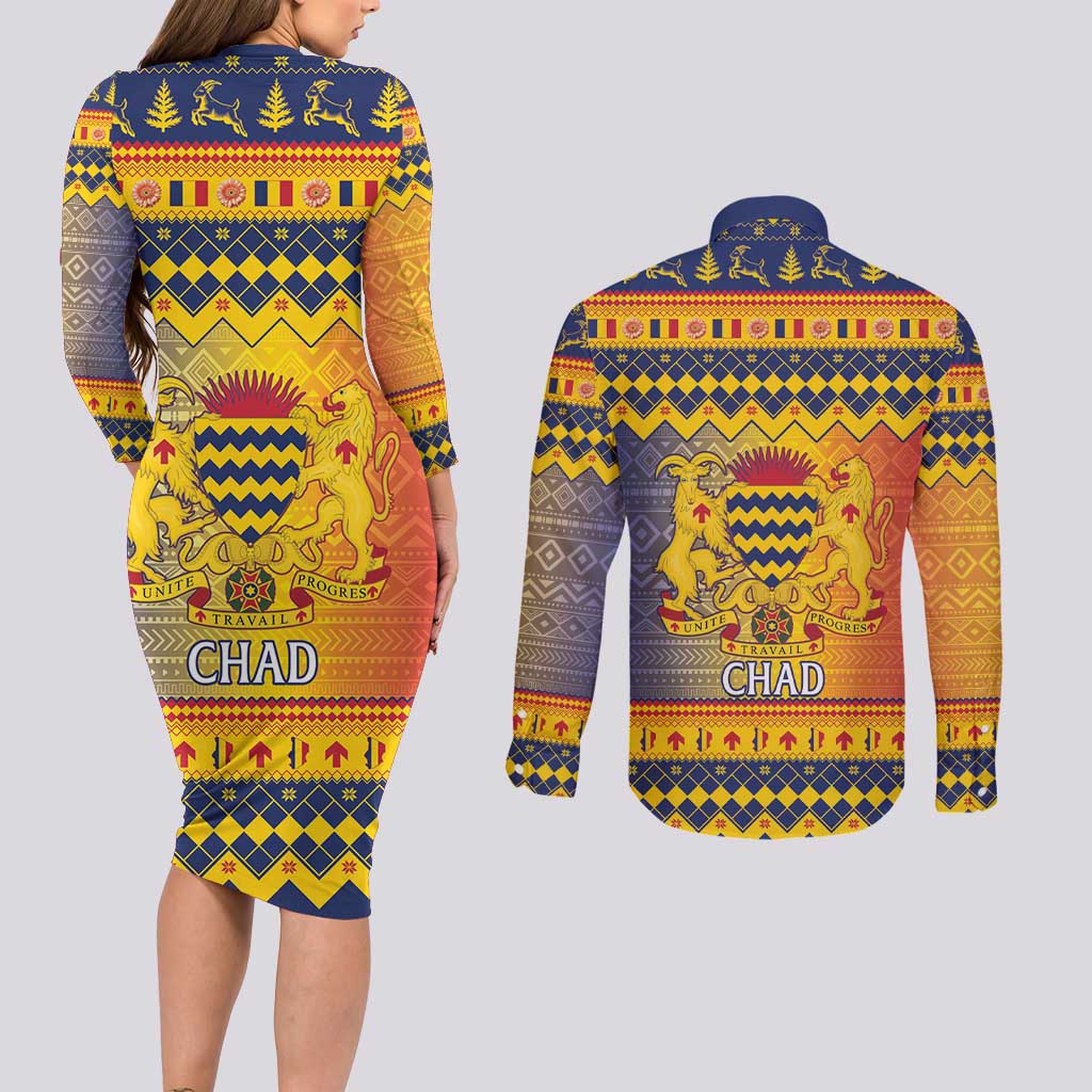 Chad Christmas Couples Matching Long Sleeve Bodycon Dress and Long Sleeve Button Shirt Coat Of Arms Merry Christmas - Wonder Print Shop