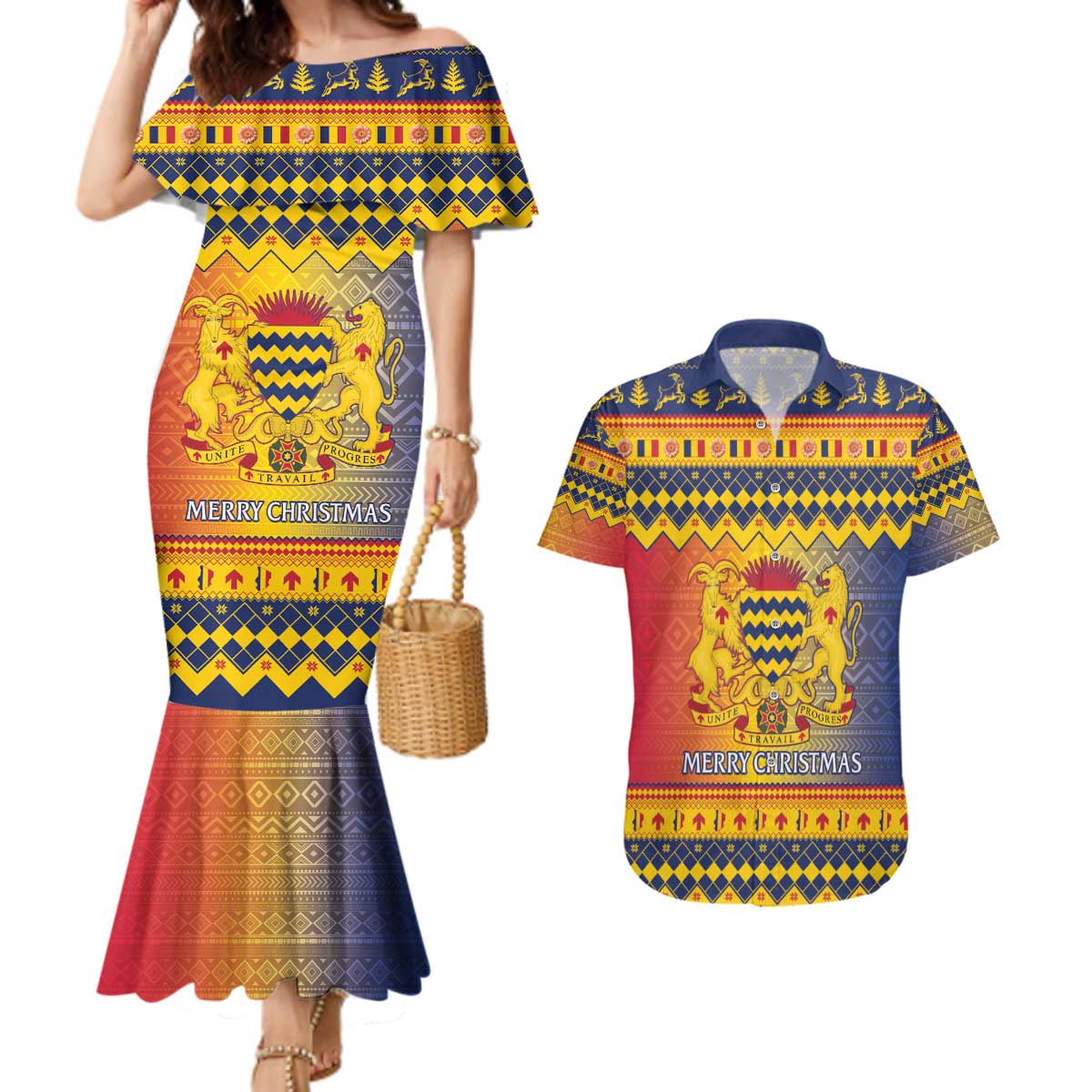 Chad Christmas Couples Matching Mermaid Dress and Hawaiian Shirt Coat Of Arms Merry Christmas - Wonder Print Shop