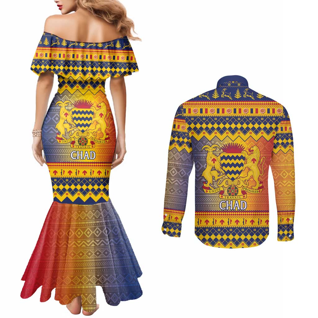 Chad Christmas Couples Matching Mermaid Dress and Long Sleeve Button Shirt Coat Of Arms Merry Christmas