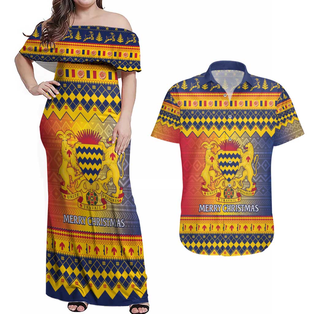 Chad Christmas Couples Matching Off Shoulder Maxi Dress and Hawaiian Shirt Coat Of Arms Merry Christmas - Wonder Print Shop