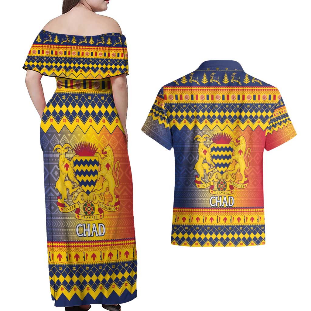 Chad Christmas Couples Matching Off Shoulder Maxi Dress and Hawaiian Shirt Coat Of Arms Merry Christmas - Wonder Print Shop