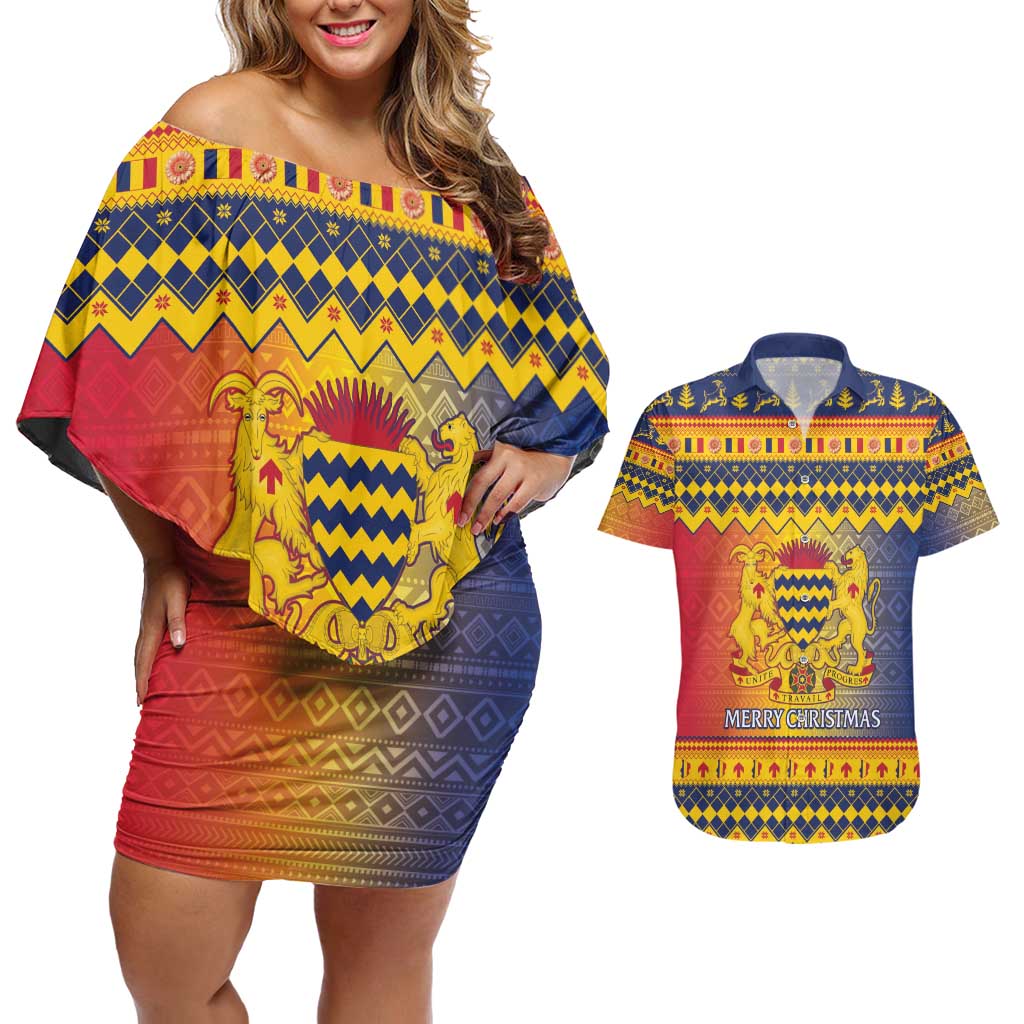 Chad Christmas Couples Matching Off Shoulder Short Dress and Hawaiian Shirt Coat Of Arms Merry Christmas - Wonder Print Shop
