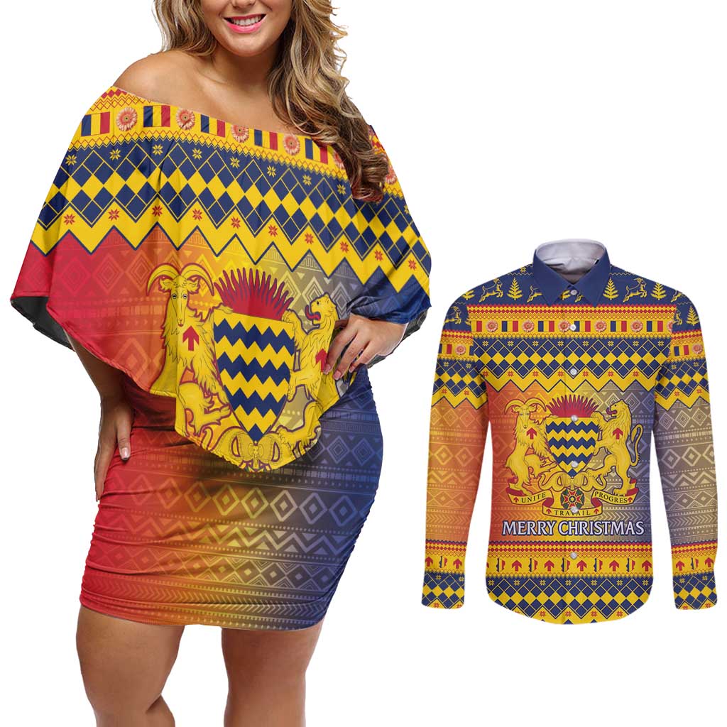 Chad Christmas Couples Matching Off Shoulder Short Dress and Long Sleeve Button Shirt Coat Of Arms Merry Christmas - Wonder Print Shop