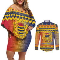 Chad Christmas Couples Matching Off Shoulder Short Dress and Long Sleeve Button Shirt Coat Of Arms Merry Christmas - Wonder Print Shop