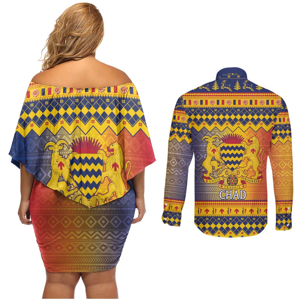 Chad Christmas Couples Matching Off Shoulder Short Dress and Long Sleeve Button Shirt Coat Of Arms Merry Christmas - Wonder Print Shop