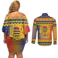 Chad Christmas Couples Matching Off Shoulder Short Dress and Long Sleeve Button Shirt Coat Of Arms Merry Christmas - Wonder Print Shop