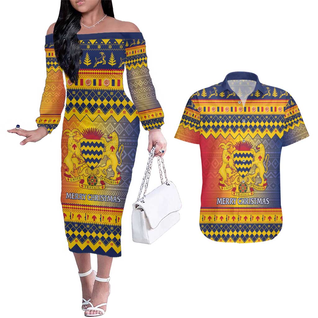 Chad Christmas Couples Matching Off The Shoulder Long Sleeve Dress and Hawaiian Shirt Coat Of Arms Merry Christmas - Wonder Print Shop