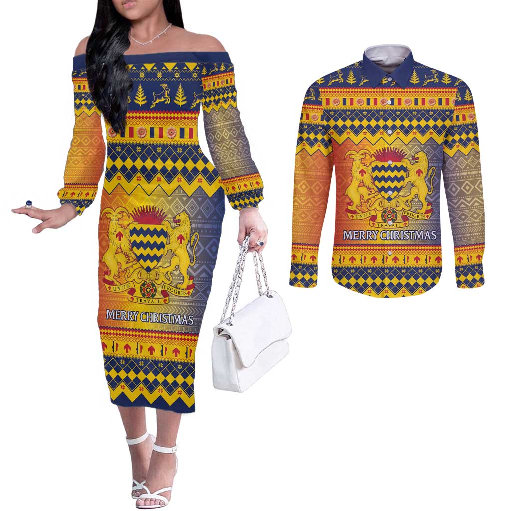 Chad Christmas Couples Matching Off The Shoulder Long Sleeve Dress and Long Sleeve Button Shirt Coat Of Arms Merry Christmas