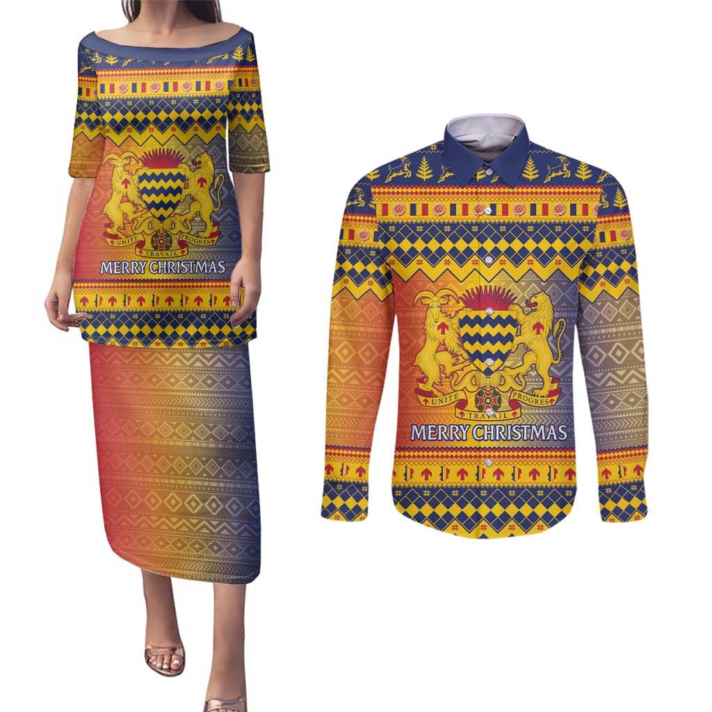 Chad Christmas Couples Matching Puletasi and Long Sleeve Button Shirt Coat Of Arms Merry Christmas - Wonder Print Shop