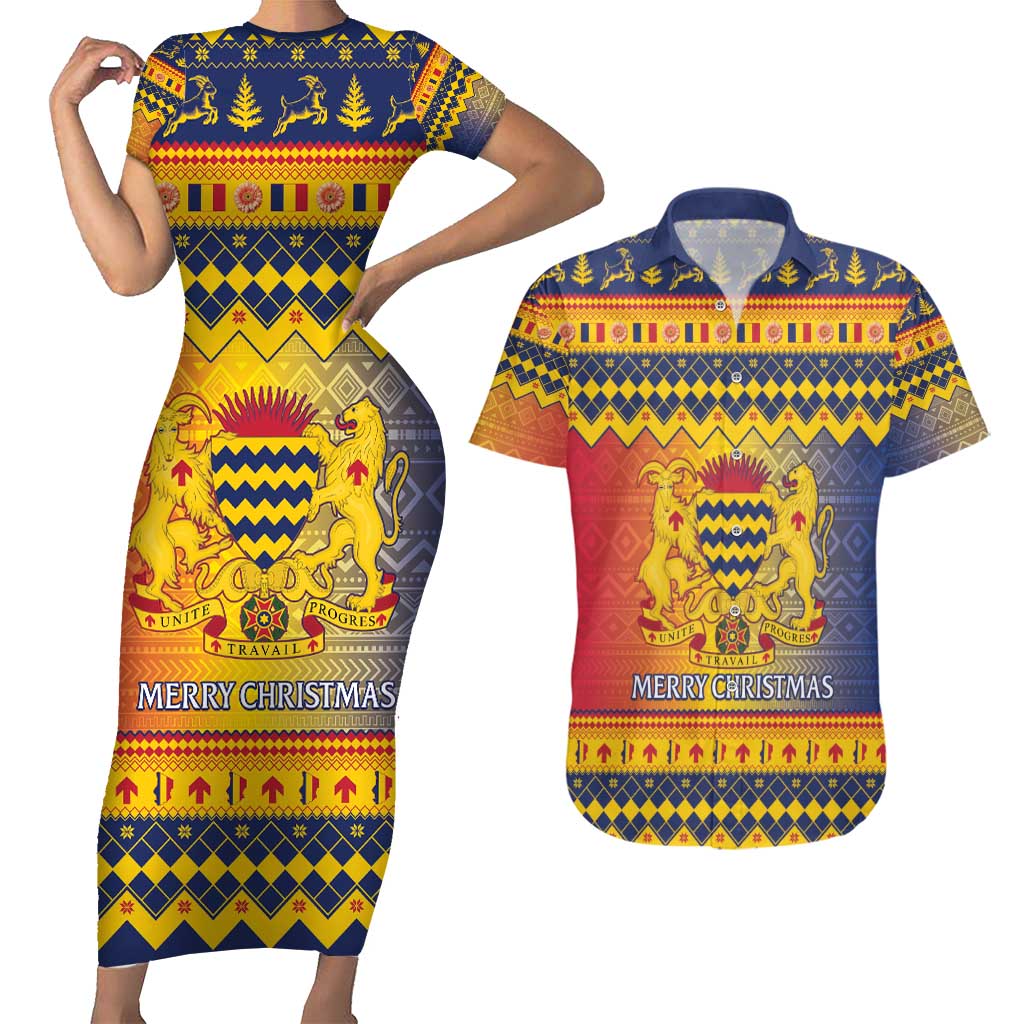 Chad Christmas Couples Matching Short Sleeve Bodycon Dress and Hawaiian Shirt Coat Of Arms Merry Christmas - Wonder Print Shop