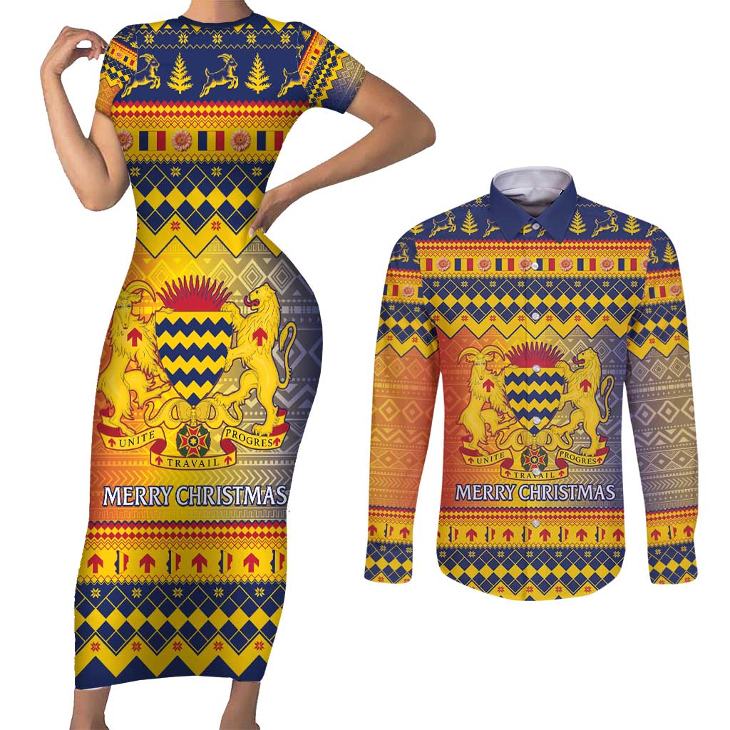 Chad Christmas Couples Matching Short Sleeve Bodycon Dress and Long Sleeve Button Shirt Coat Of Arms Merry Christmas - Wonder Print Shop