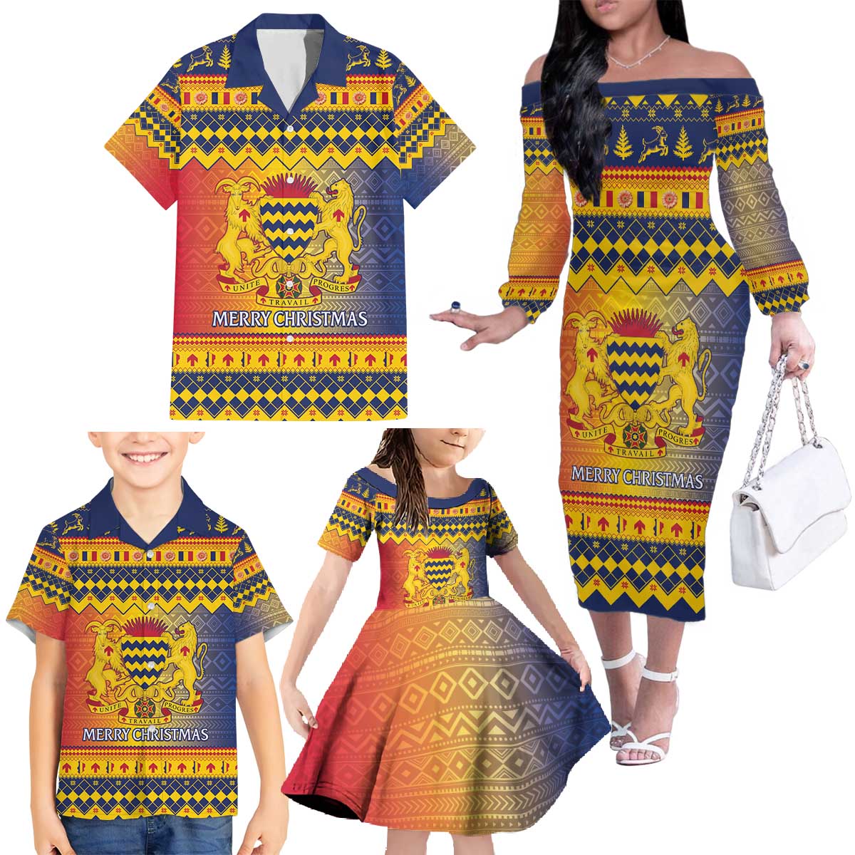 Chad Christmas Family Matching Off The Shoulder Long Sleeve Dress and Hawaiian Shirt Coat Of Arms Merry Christmas - Wonder Print Shop