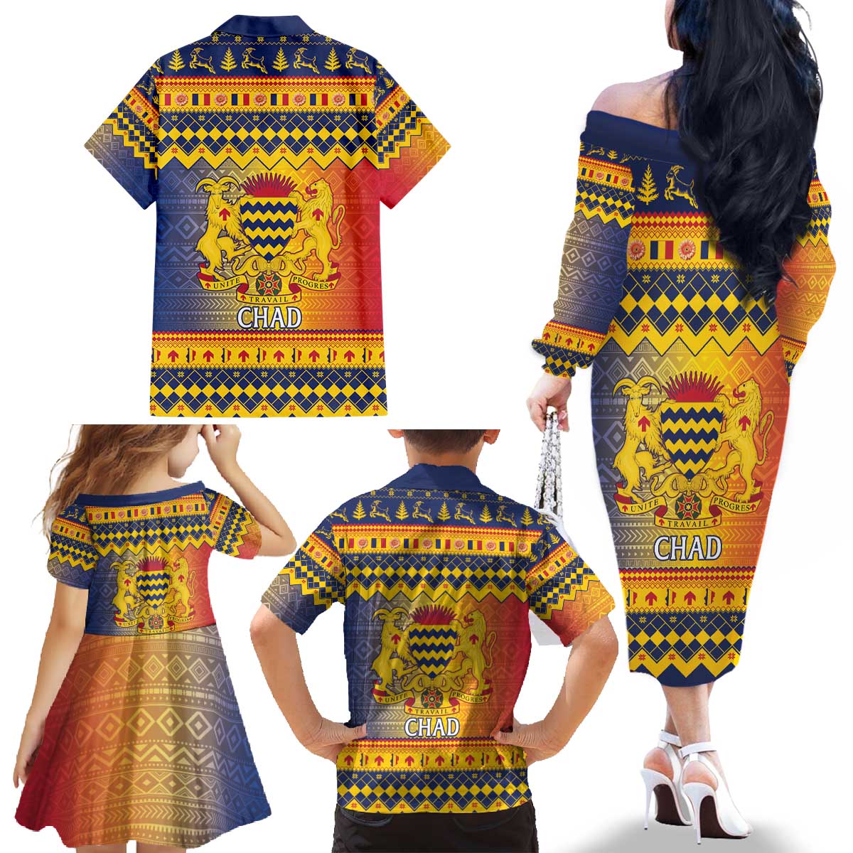 Chad Christmas Family Matching Off The Shoulder Long Sleeve Dress and Hawaiian Shirt Coat Of Arms Merry Christmas - Wonder Print Shop