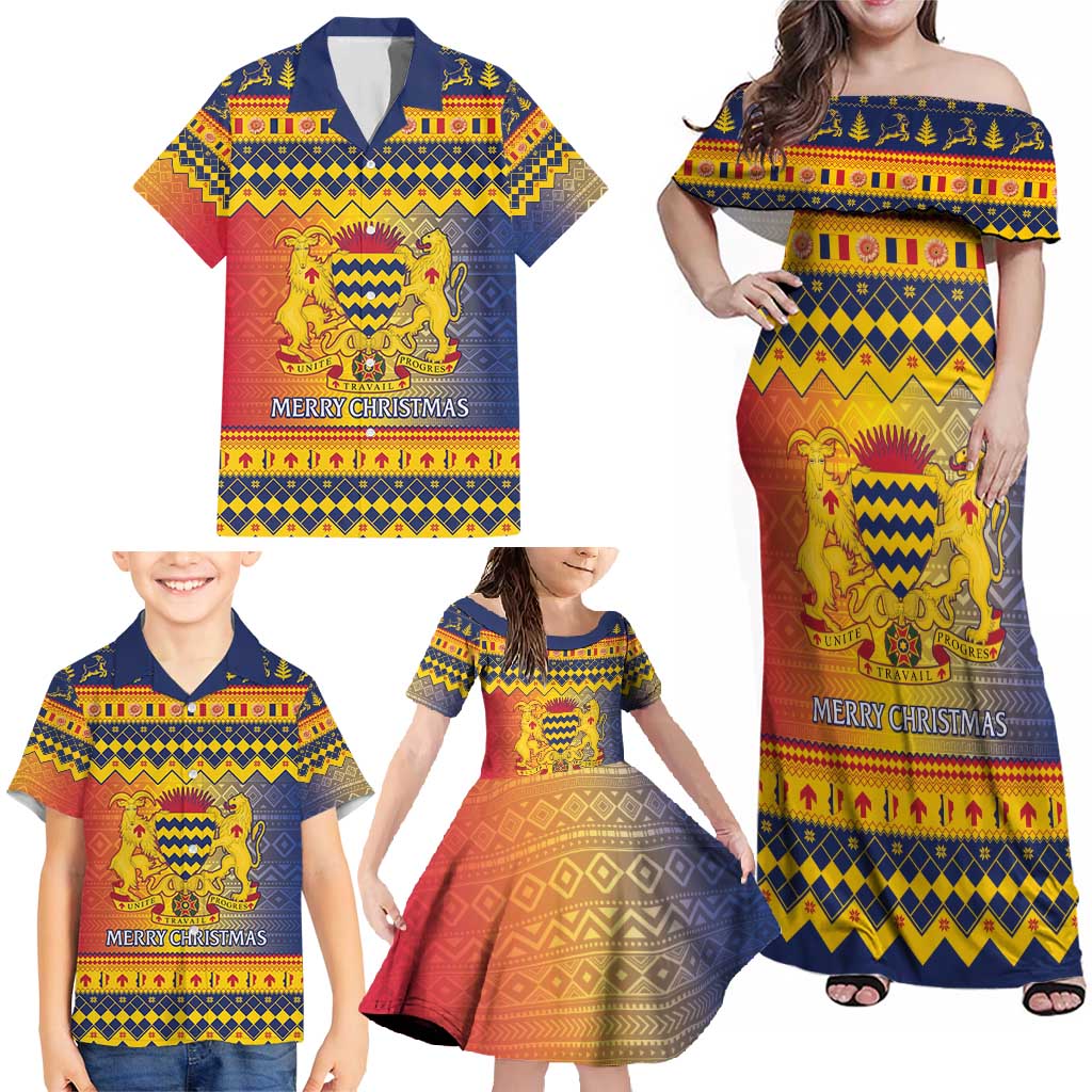 Chad Christmas Family Matching Off Shoulder Maxi Dress and Hawaiian Shirt Coat Of Arms Merry Christmas - Wonder Print Shop