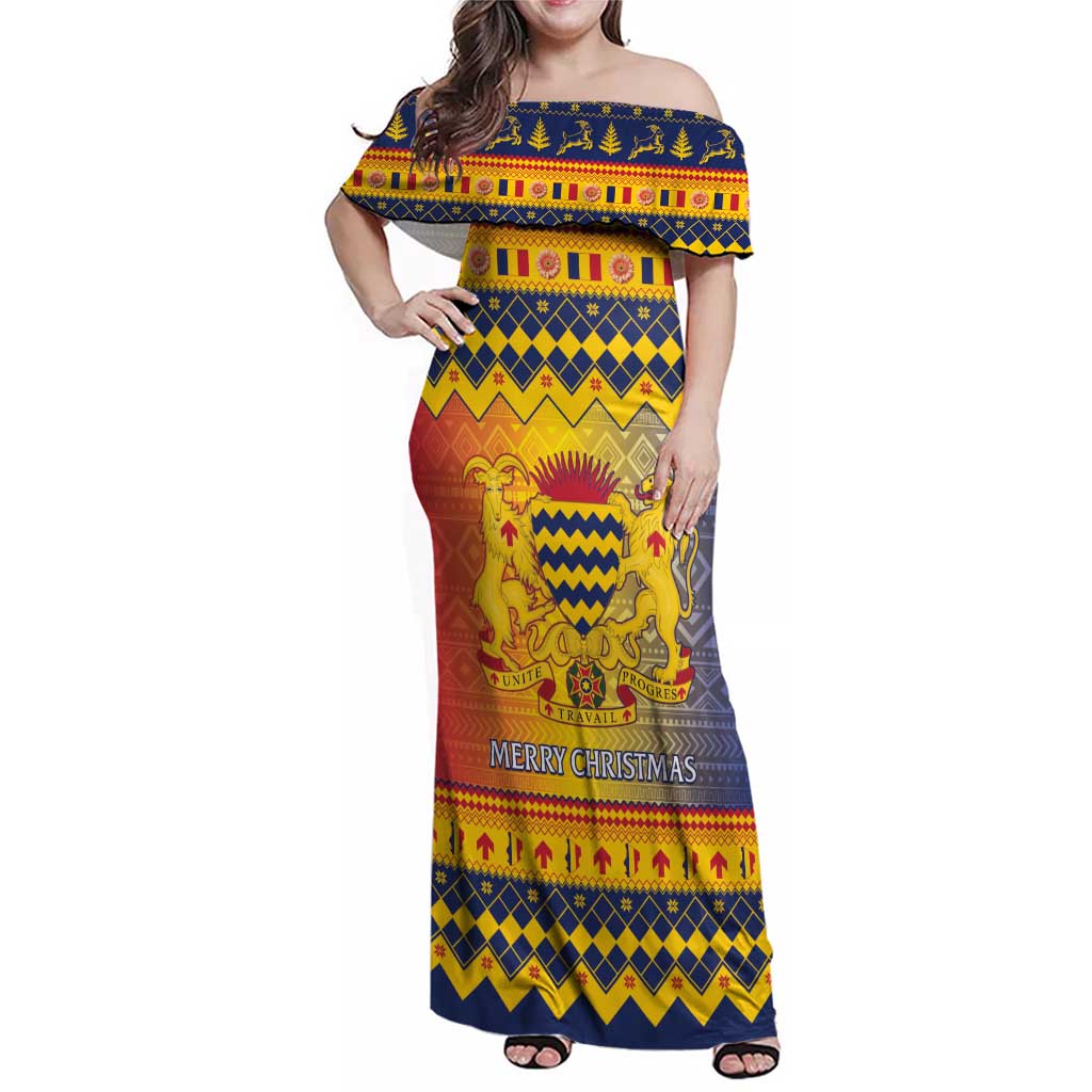 Chad Christmas Family Matching Off Shoulder Maxi Dress and Hawaiian Shirt Coat Of Arms Merry Christmas - Wonder Print Shop