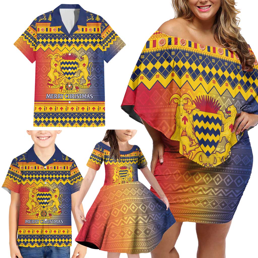 Chad Christmas Family Matching Off Shoulder Short Dress and Hawaiian Shirt Coat Of Arms Merry Christmas - Wonder Print Shop