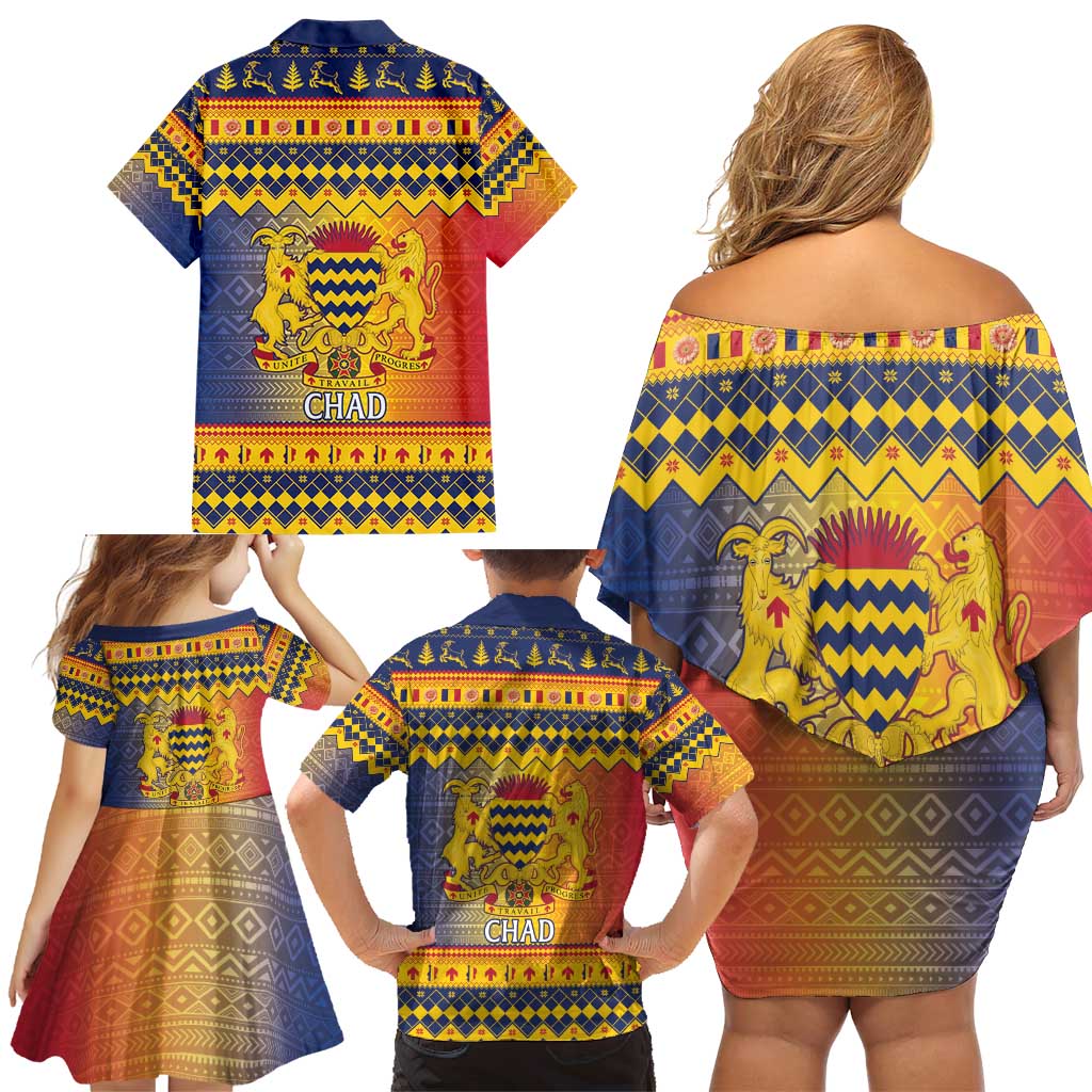 Chad Christmas Family Matching Off Shoulder Short Dress and Hawaiian Shirt Coat Of Arms Merry Christmas - Wonder Print Shop