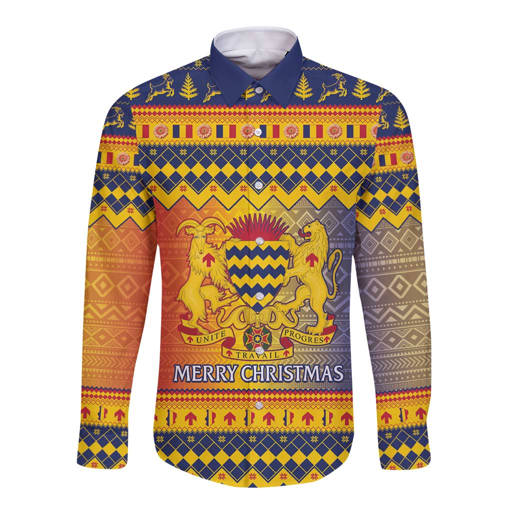Chad Christmas Long Sleeve Button Shirt Coat Of Arms Merry Christmas - Wonder Print Shop