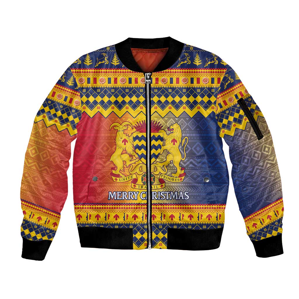 Chad Christmas Sleeve Zip Bomber Jacket Coat Of Arms Merry Christmas - Wonder Print Shop