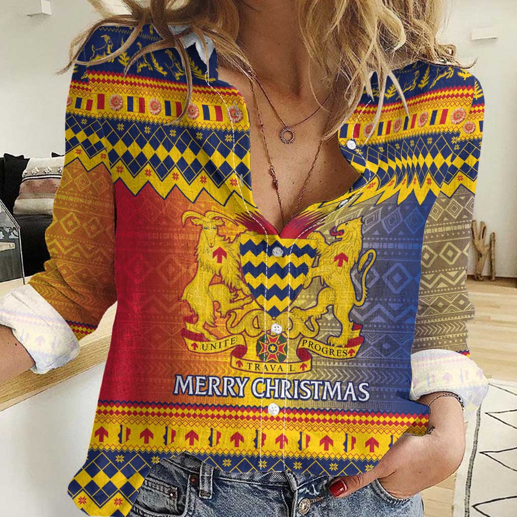 Chad Christmas Women Casual Shirt Coat Of Arms Merry Christmas - Wonder Print Shop