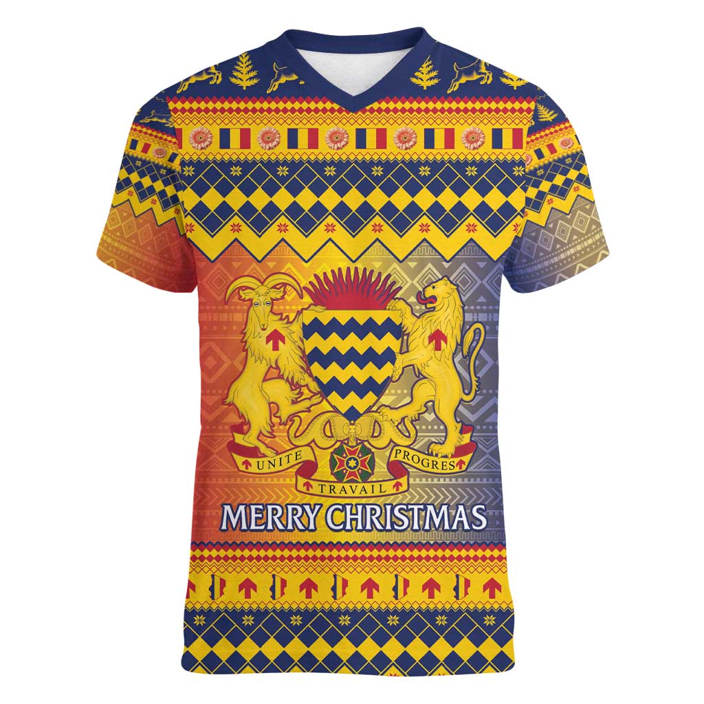 Chad Christmas Women V-Neck T-Shirt Coat Of Arms Merry Christmas - Wonder Print Shop