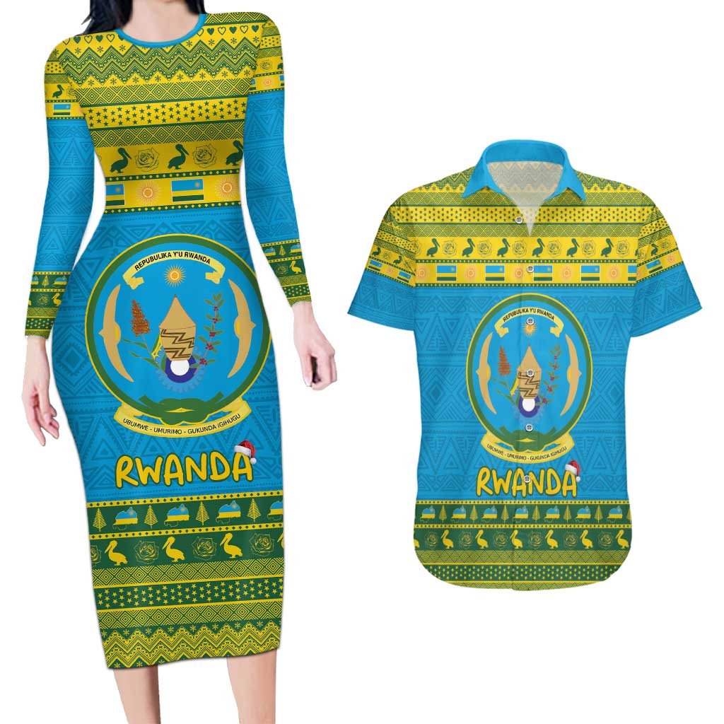 Rwanda Christmas Couples Matching Long Sleeve Bodycon Dress and Hawaiian Shirt Coat Of Arms Noheli Nziza - Wonder Print Shop