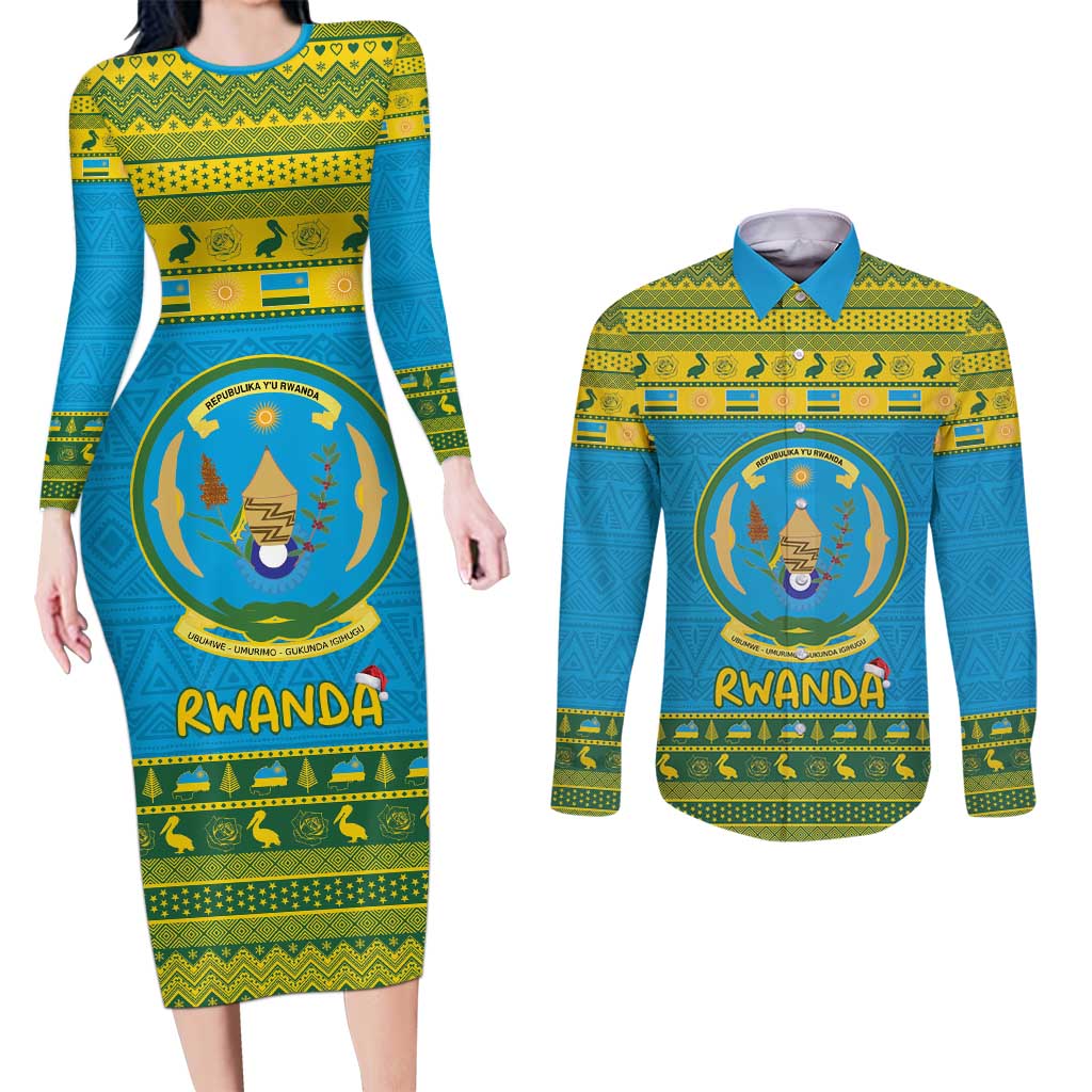Rwanda Christmas Couples Matching Long Sleeve Bodycon Dress and Long Sleeve Button Shirt Coat Of Arms Noheli Nziza - Wonder Print Shop