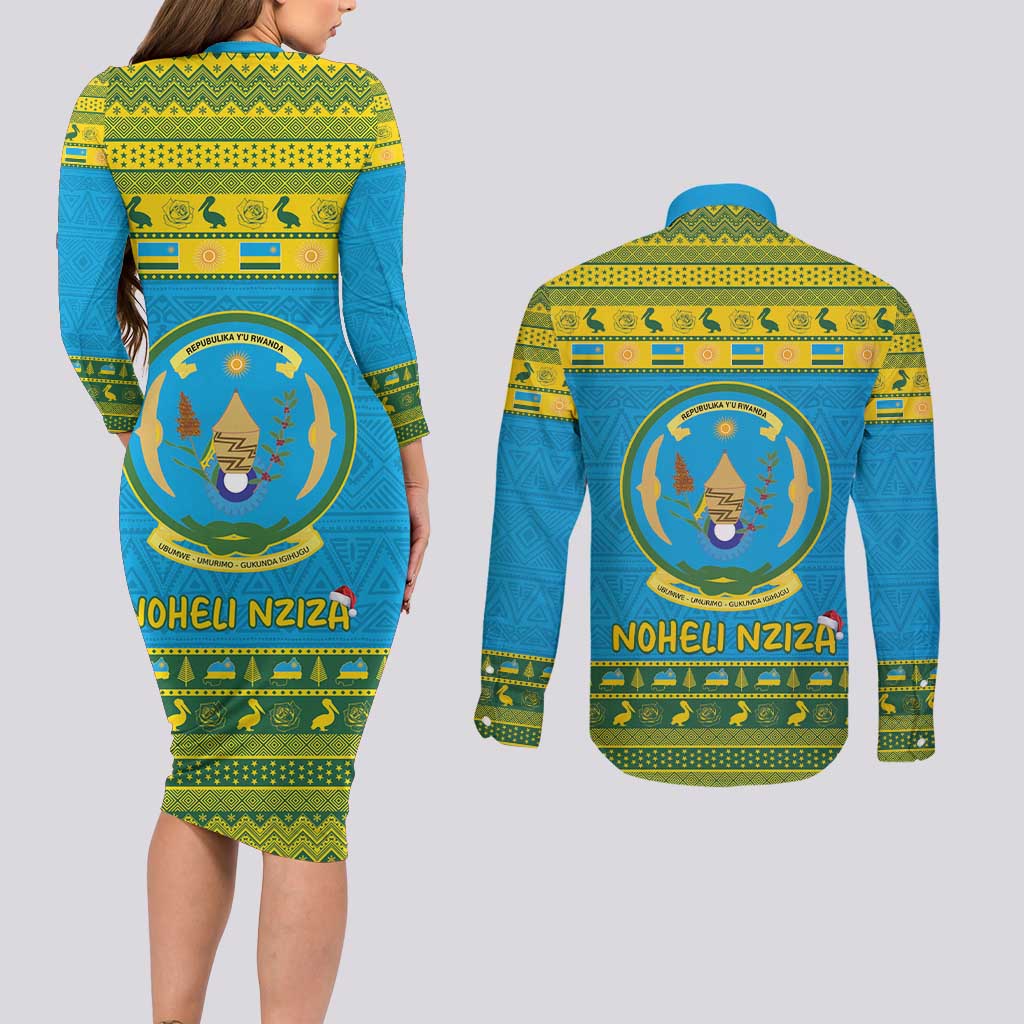 Rwanda Christmas Couples Matching Long Sleeve Bodycon Dress and Long Sleeve Button Shirt Coat Of Arms Noheli Nziza - Wonder Print Shop