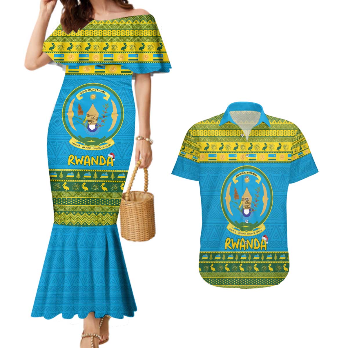 Rwanda Christmas Couples Matching Mermaid Dress and Hawaiian Shirt Coat Of Arms Noheli Nziza - Wonder Print Shop