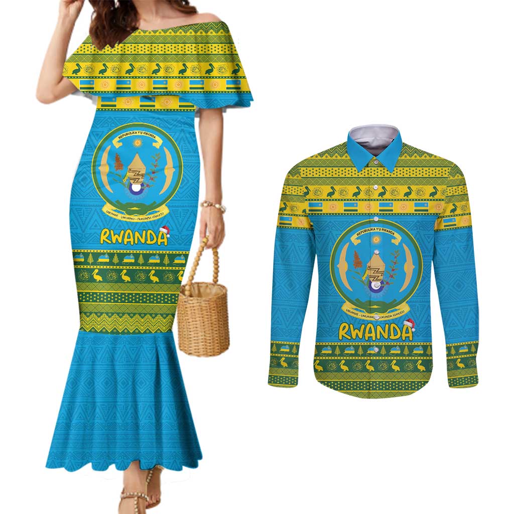 Rwanda Christmas Couples Matching Mermaid Dress and Long Sleeve Button Shirt Coat Of Arms Noheli Nziza