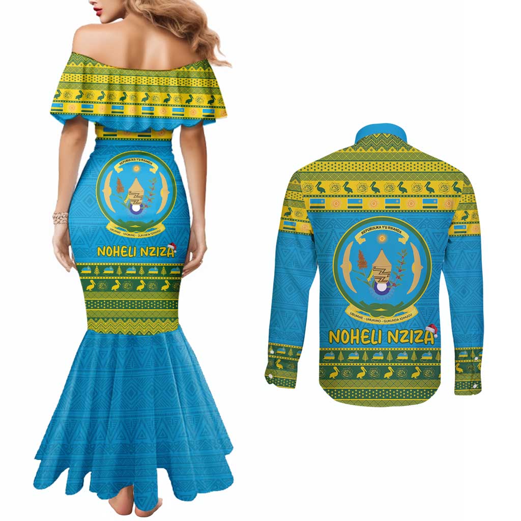 Rwanda Christmas Couples Matching Mermaid Dress and Long Sleeve Button Shirt Coat Of Arms Noheli Nziza