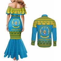 Rwanda Christmas Couples Matching Mermaid Dress and Long Sleeve Button Shirt Coat Of Arms Noheli Nziza