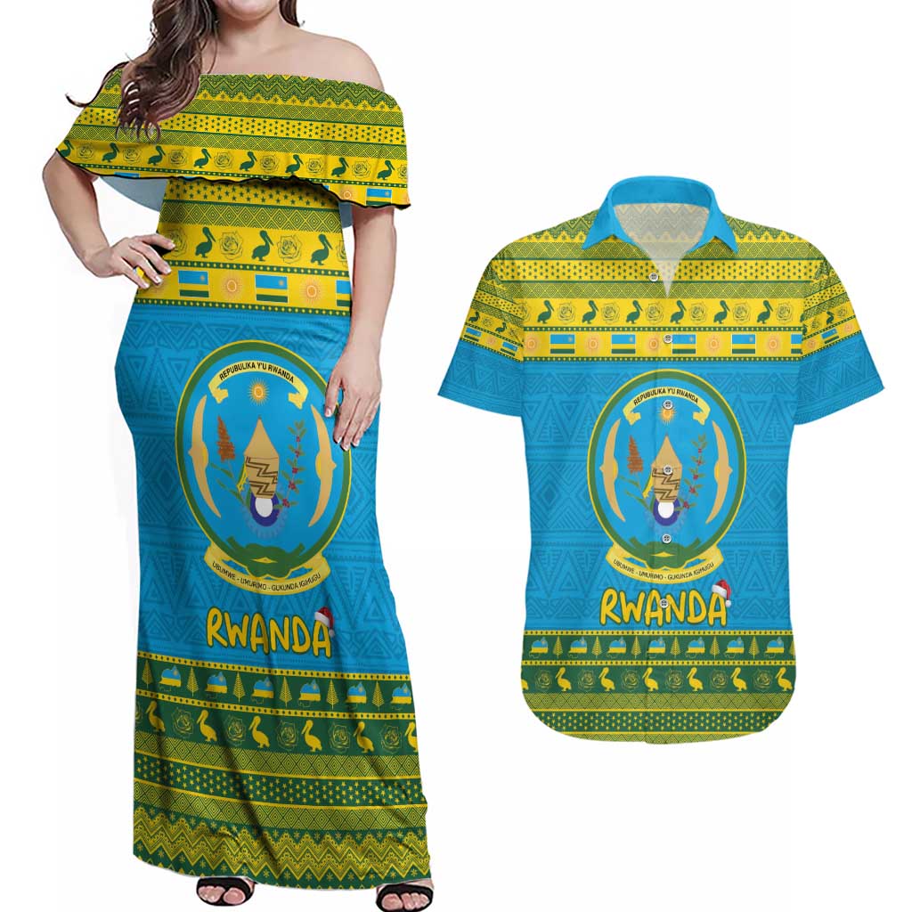 Rwanda Christmas Couples Matching Off Shoulder Maxi Dress and Hawaiian Shirt Coat Of Arms Noheli Nziza - Wonder Print Shop