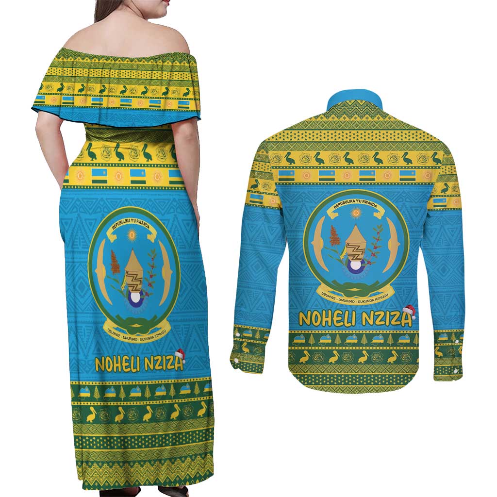 Rwanda Christmas Couples Matching Off Shoulder Maxi Dress and Long Sleeve Button Shirt Coat Of Arms Noheli Nziza - Wonder Print Shop