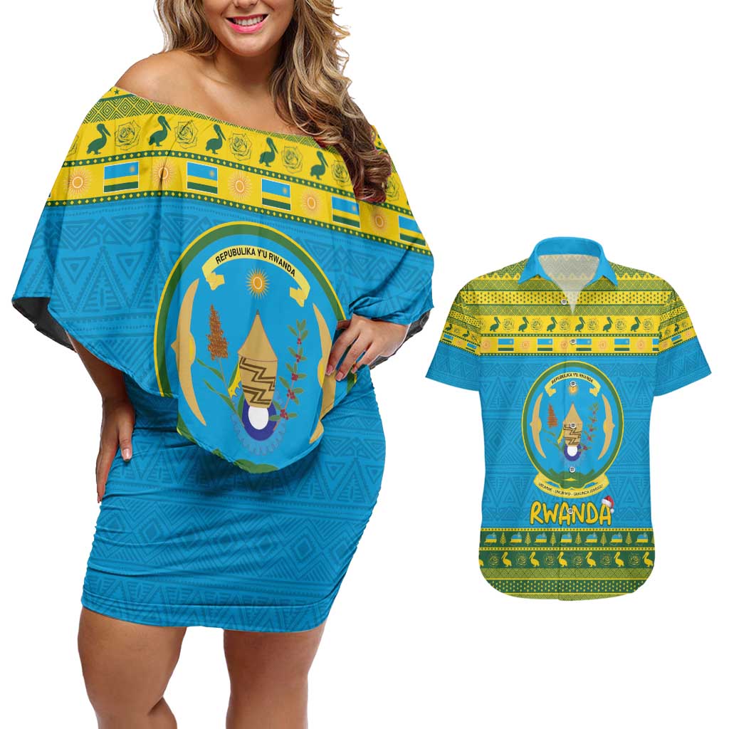 Rwanda Christmas Couples Matching Off Shoulder Short Dress and Hawaiian Shirt Coat Of Arms Noheli Nziza - Wonder Print Shop