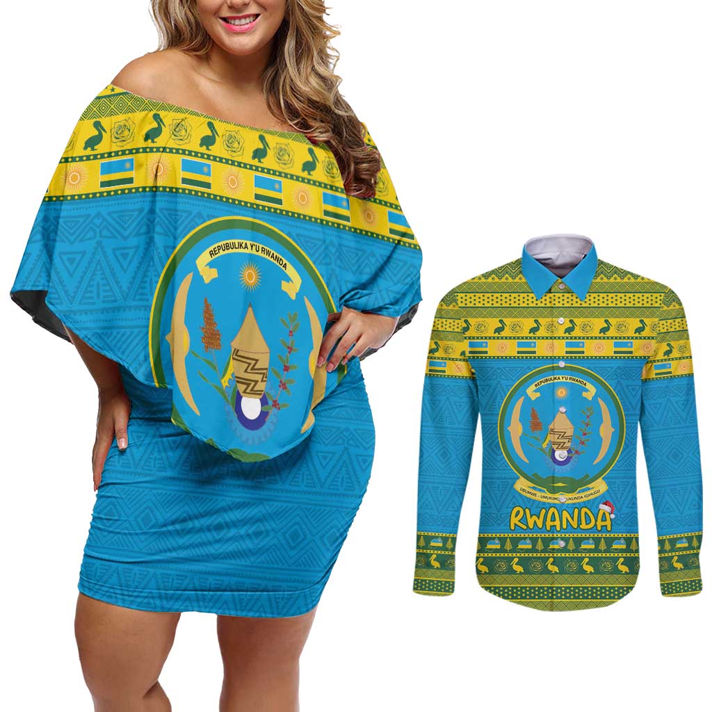 Rwanda Christmas Couples Matching Off Shoulder Short Dress and Long Sleeve Button Shirt Coat Of Arms Noheli Nziza - Wonder Print Shop