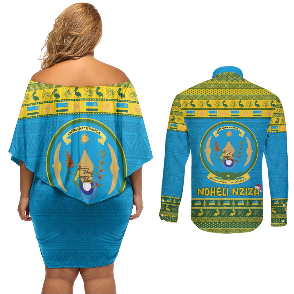 Rwanda Christmas Couples Matching Off Shoulder Short Dress and Long Sleeve Button Shirt Coat Of Arms Noheli Nziza - Wonder Print Shop