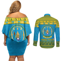 Rwanda Christmas Couples Matching Off Shoulder Short Dress and Long Sleeve Button Shirt Coat Of Arms Noheli Nziza - Wonder Print Shop