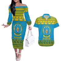 Rwanda Christmas Couples Matching Off The Shoulder Long Sleeve Dress and Hawaiian Shirt Coat Of Arms Noheli Nziza - Wonder Print Shop