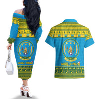 Rwanda Christmas Couples Matching Off The Shoulder Long Sleeve Dress and Hawaiian Shirt Coat Of Arms Noheli Nziza - Wonder Print Shop