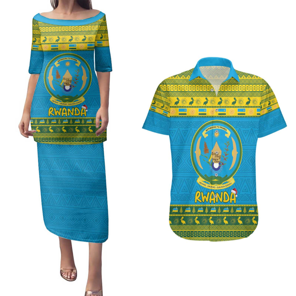 Rwanda Christmas Couples Matching Puletasi and Hawaiian Shirt Coat Of Arms Noheli Nziza - Wonder Print Shop